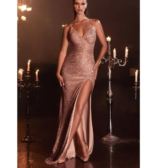 The Helena Long Fitted Sequin Dress With Corset Back Rose Gold Pink / XS